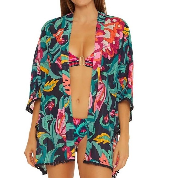 Trina Turk Women's India Garden Fringe Tunic-Floral Print, Swim Cover Up Size OS - Picture 1 of 8